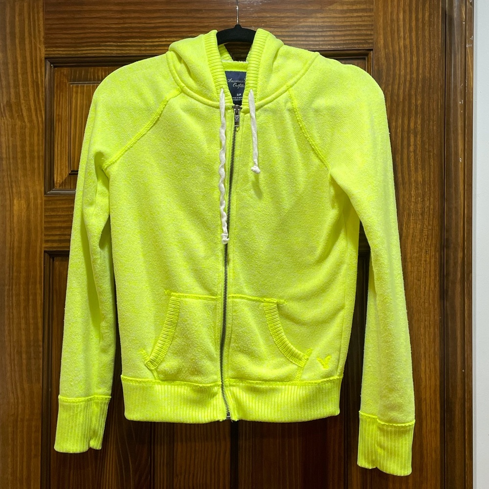 Neon Yellow American Eagle Zip-Up Hoodie Size S